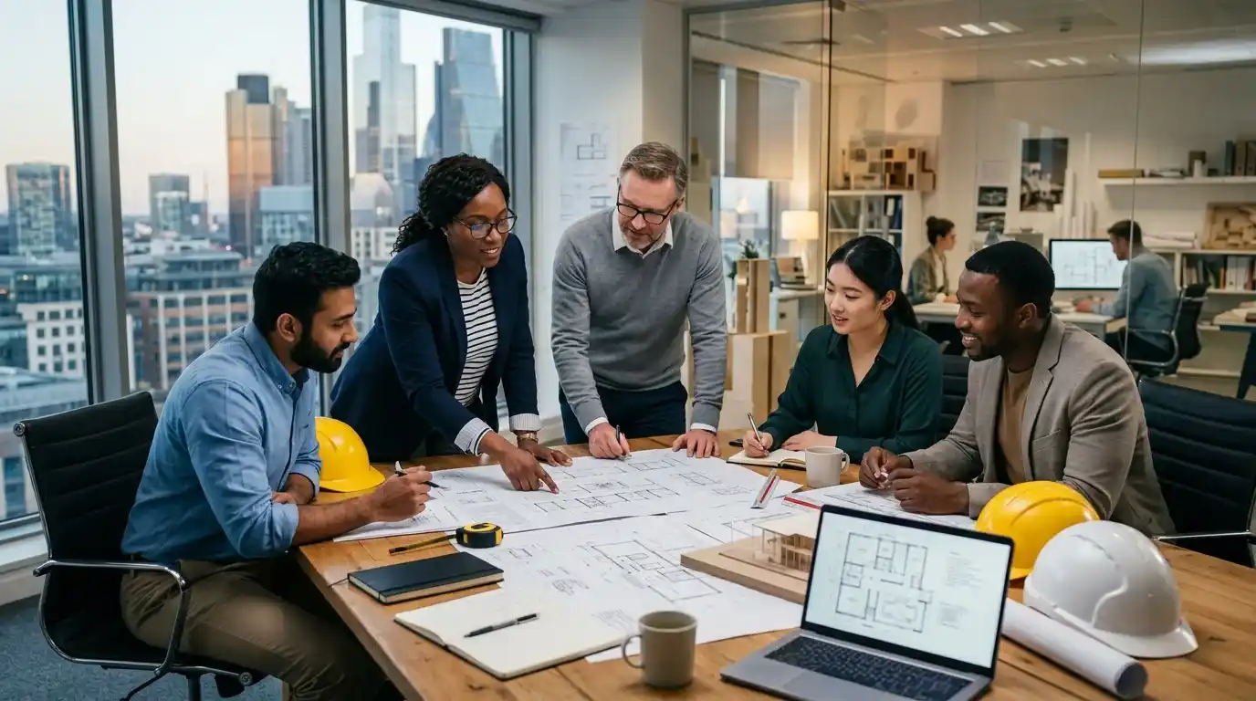 Fotografía del equipo directivo y de ingenieros de Arvia revisando planos